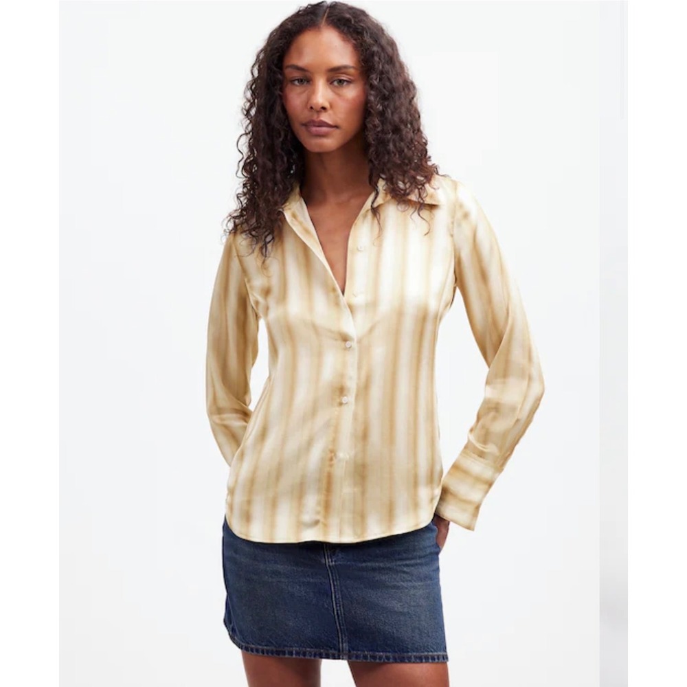 Madewell Womens 14 100% Silk Ombre Stripe Blouse Tan Beige Button Down Shirt